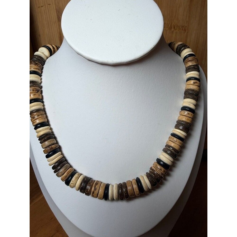 Vintage Natural Wood and Bone Disk Beaded Necklace